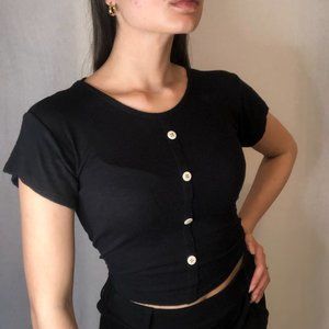 Black Ribbed Crop Top with White Buttons